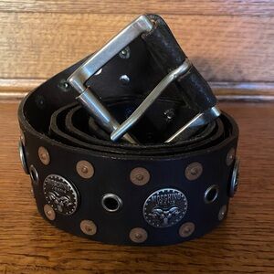 Vtg Moschino Black Leather Belt with Silver and Bronze Details Sz 90